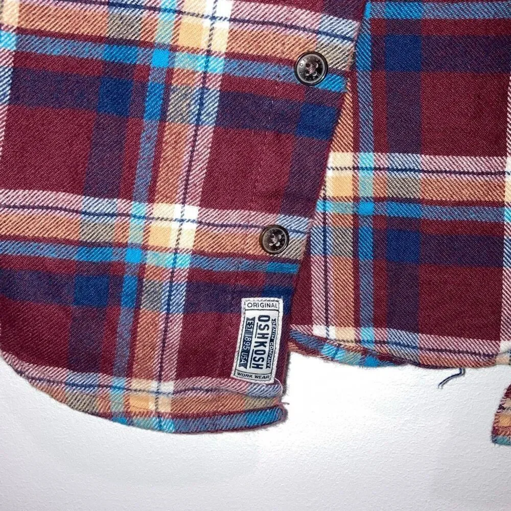 OshKosh B'gosh Boys Hooded Plaid Flannel Shirt Size 5 Red Blue Button Front